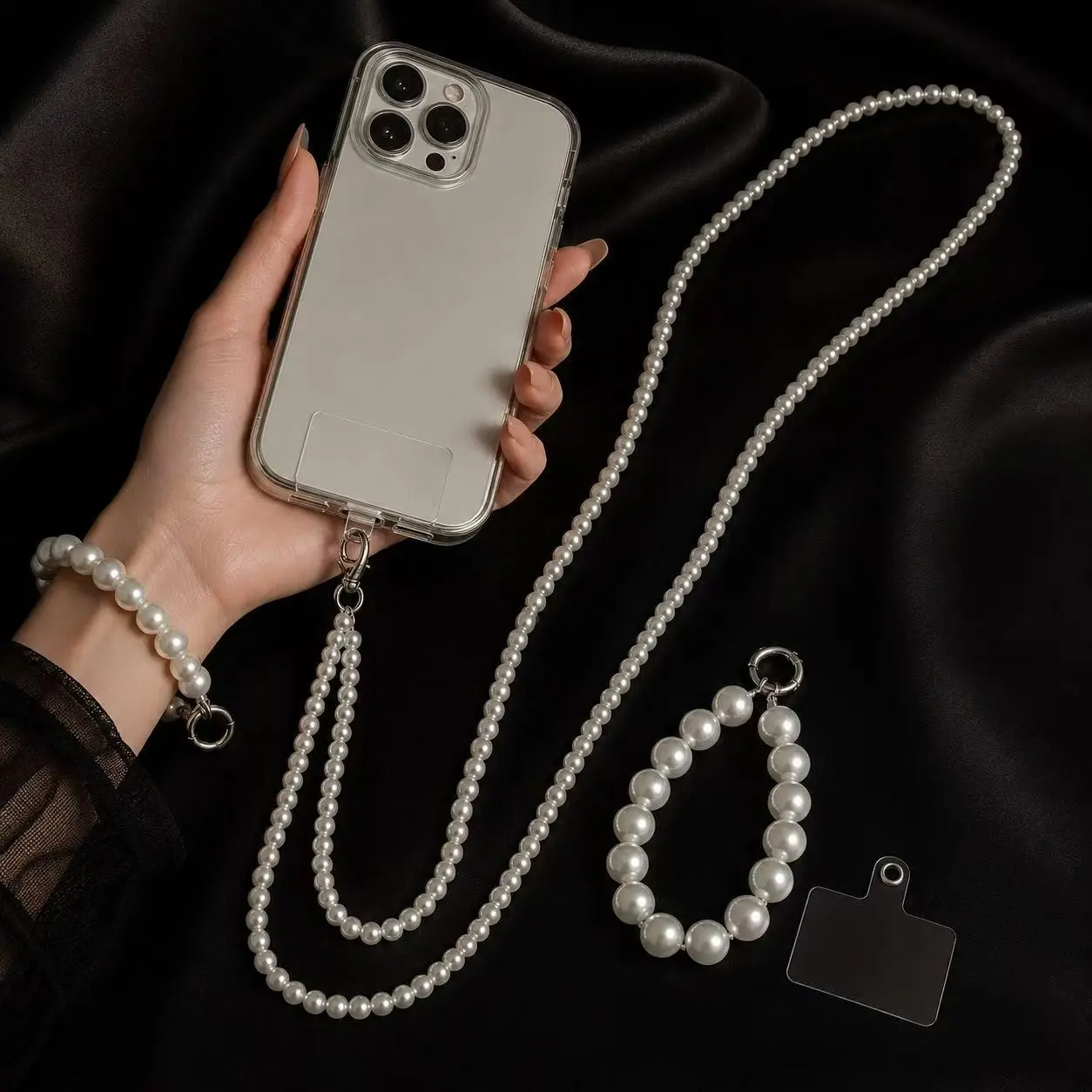 Elegant Pearl Phone Strap, Long Necklace or Short Wristband, Beaded Phone Chain with Transparent Pad, Anti-Drop Phone Accessory