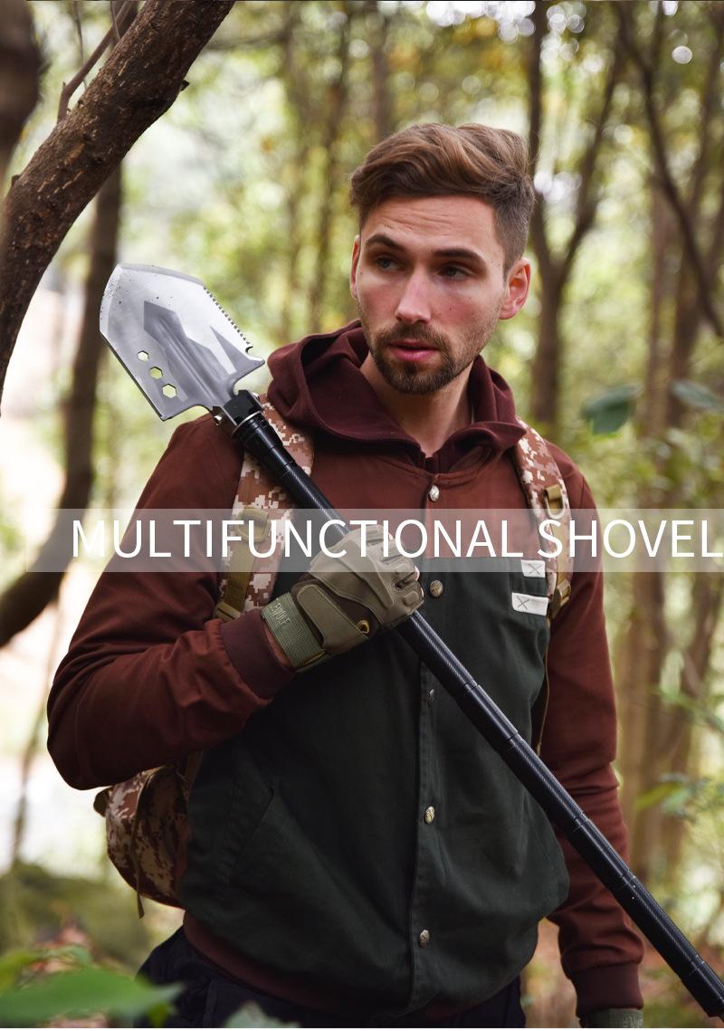 Multifunctional folding shovel, a camping survival tool, equipped with a flint fire starter, suitable for hiking, hunting, fishing, and other outdoor activities