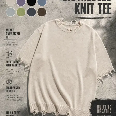 Men's Spring & Summer Fashion Korean-Style Trendy Casual Plain Ripped Fringe Breathable Loose Relaxed Fit Knitwear, Comfortable Short Sleeve Daily Commute Baggy Top