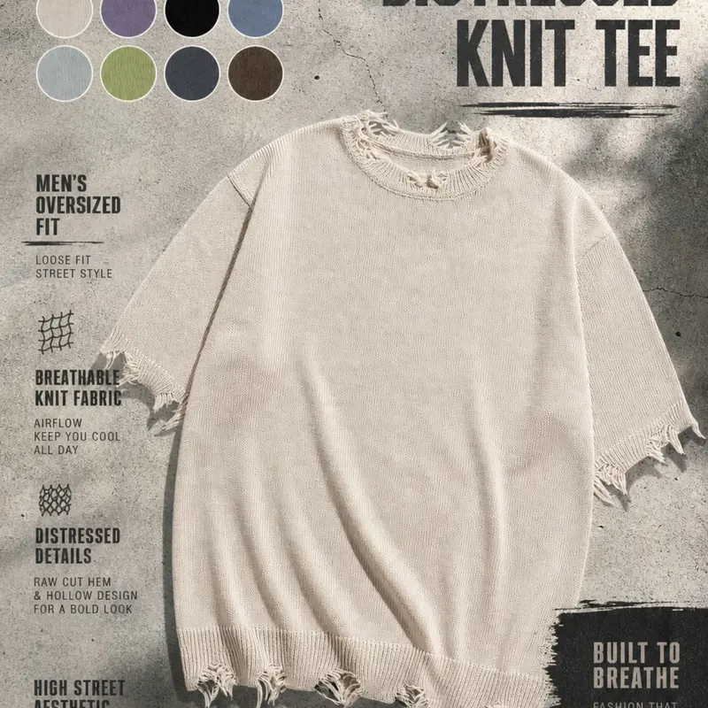 Men's Spring & Summer Fashion Korean-Style Trendy Casual Plain Ripped Fringe Breathable Loose Relaxed Fit Knitwear, Comfortable Short Sleeve Daily Commute Baggy Top