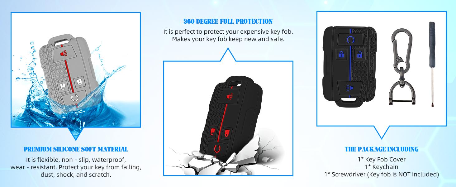 BASIC SUPPLY 2PCS for Chevrolet Key Fob Cover, Soft Silicone Key Shell Full Protection Compatible with GMC Chevy Colorado Silverado Suburban Tahoe Silverado Sierra Yukon Canyon (Black Blue+Black red)