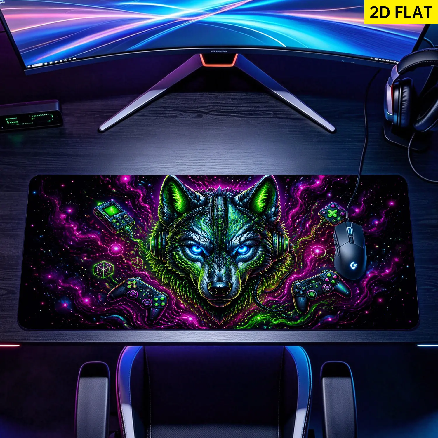 Extra Large neon cyberpunk wolf gaming Mouse Pad,Non Slip Rubber Pad,Desktop Decoration Drotection Pad,Washable,Lock Edge Multi Size,Premium Multipurpose Mousepad For Gaming Setup,Office,Gift for Family and Friends