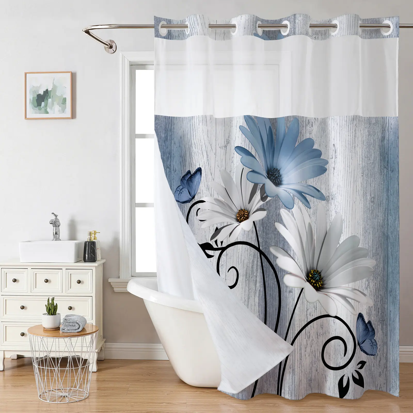 Daisy Digital Print Double-Layer Large Ring Shower Curtain Bathroom Partition Curtain Waterproof and Mildew-Proof Polyester Shower Curtain showerliner luxurious