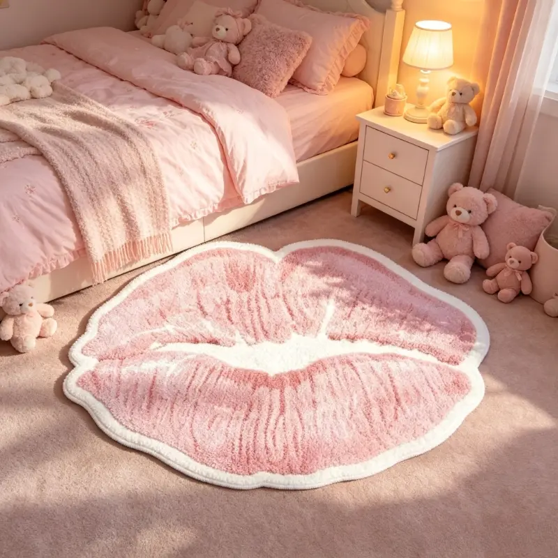1pc American Creative Lips Living Room Casual Carpet Simple Pink Special-shaped Home Bay Window Plush Rug Fresh Ins Style Bedroom Decoration Bedside Carpet Fluffy Soft Entrance Door Washable Non-slip Floor Mat