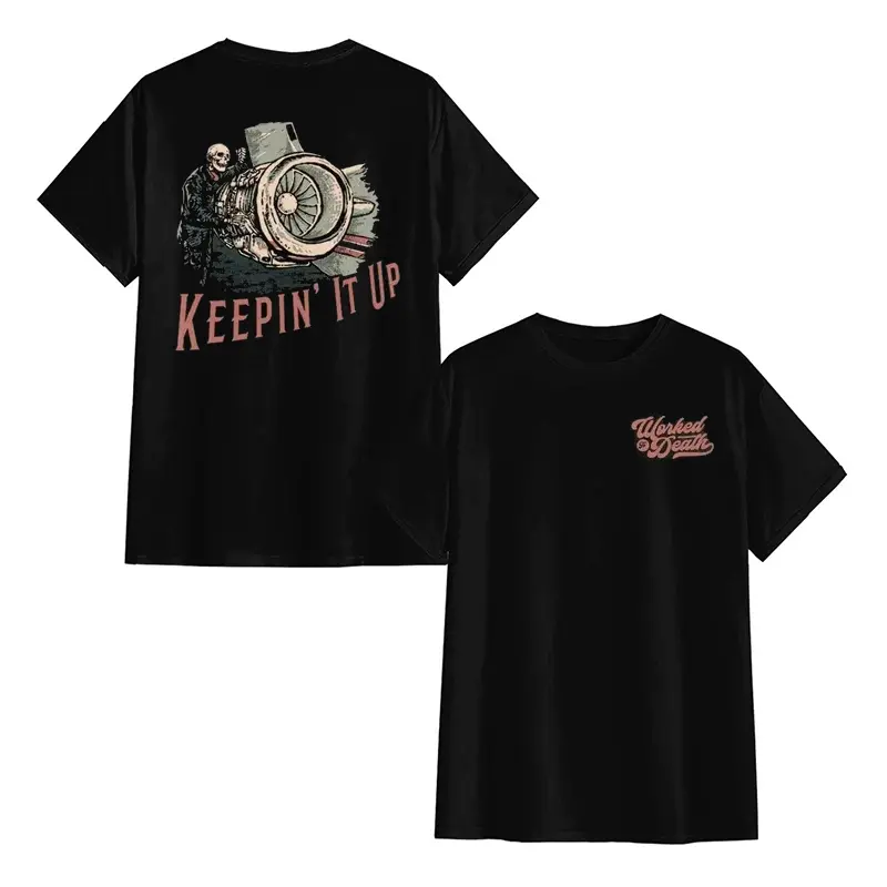 Keepin’ It Up Skeleton Aircraft Engine Graphic T-Shirt Vintage Aviation Mechanic Retro Print Unisex Cotton Crewneck Top For Plane Lover Mechanical Street Casual Daily Outfits