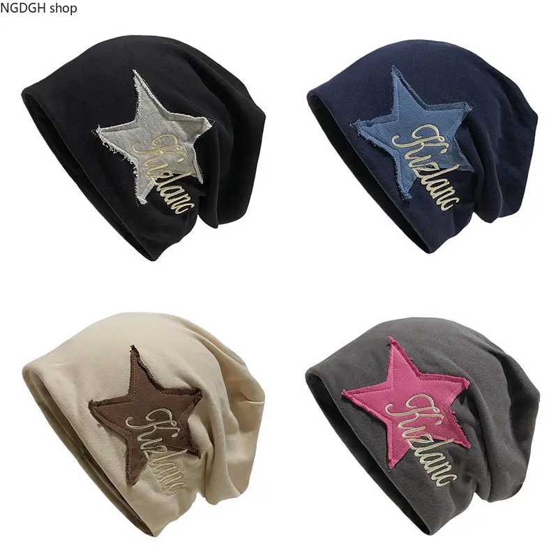 Y2K Slouchy Beanie with Distressed Star Patch & Gold Embroidery, Black Knit Skull Cap for Men Women, Trendy Streetwear Winter Hat, Casual Baggy Headwear, Perfect Daily Outfits, Skater Style & Cool Urban Gift.