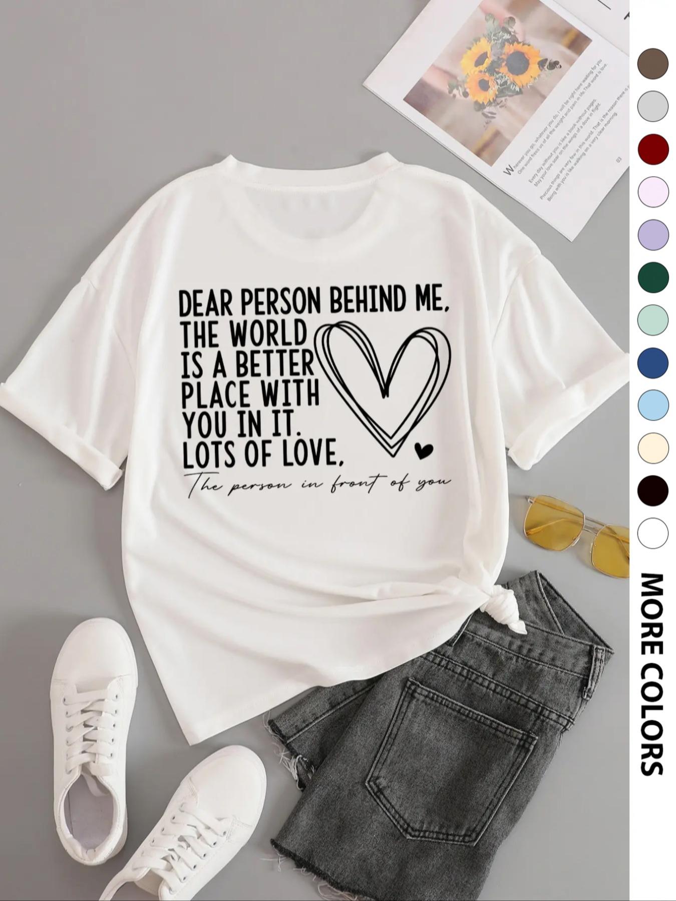 Women's Slogan Graphic Round Neck Tee, Fashion Casual Heart Print Crew Neck T-Shirt for Daily Holiday Vacation Outdoor Wear, Ladies Clothes for All Seasons