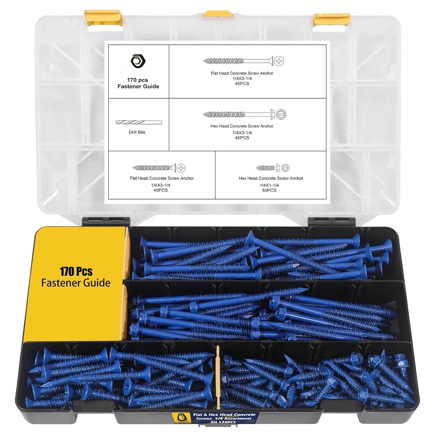 170- 1/4 Concrete Screws Kit, Flat & Hex Heads, Drill Bits | 4 Sizes Cement Screws for Concrete, Masonry Screws for Brick Block Cement,  Point