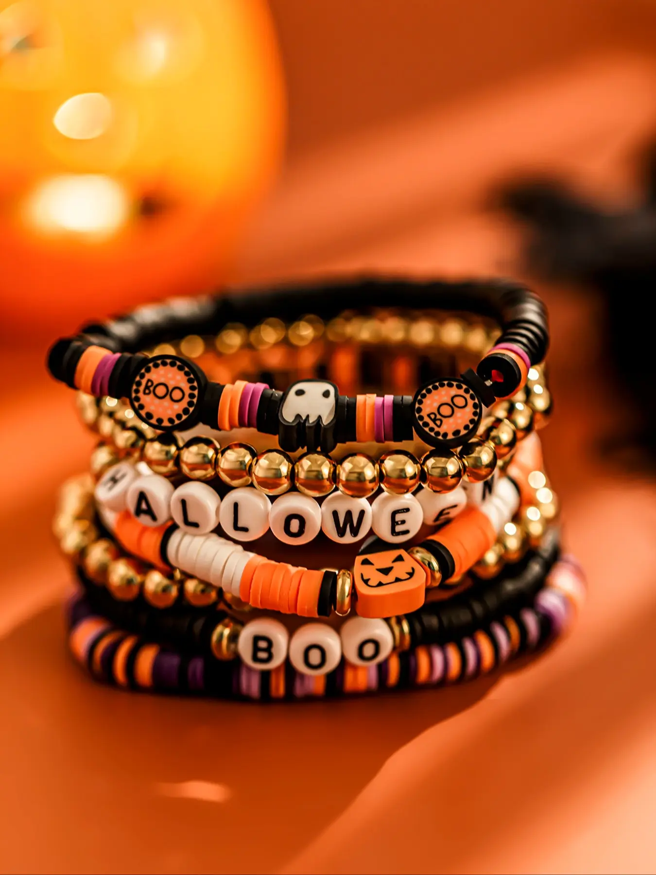 Vintage Fashion Colorful Soft Clay Acrylic Letter Beaded Bracelets Set, Halloween Pumpkin Ghost Party Gifts, Holiday Daily Accessories