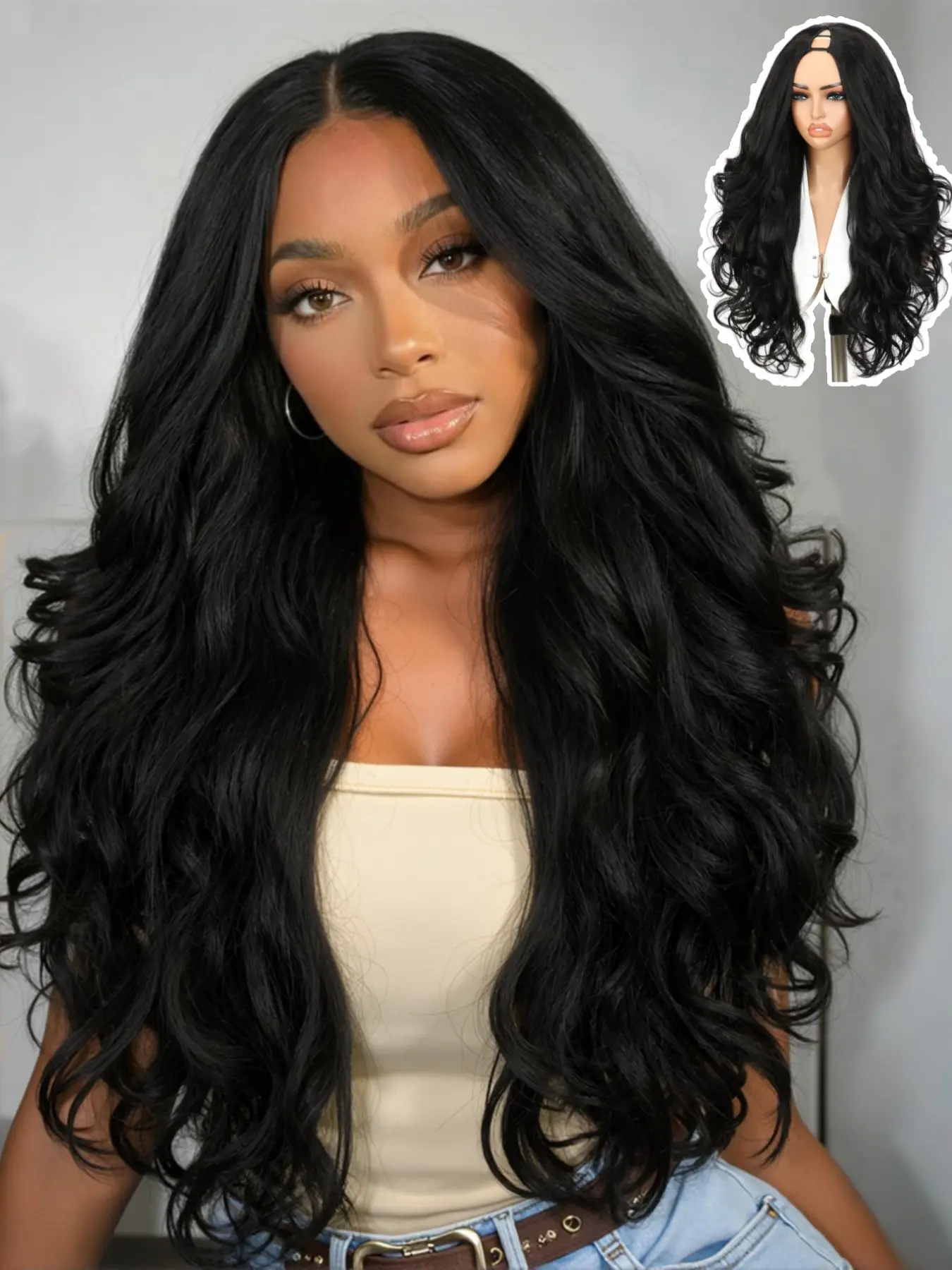 Glueless Yaki Wavy Curly V Part Wig, 26 Inch Synthetic Half Wig, Heat Resistant, Beginner Friendly, Natural, Long Wigs for All Seasons