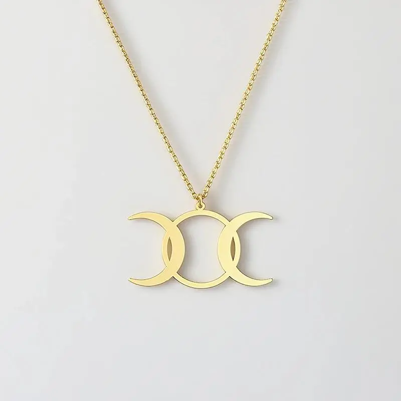 Women's Stainless Steel Triple Goddess Necklace - Interlocking Moons Pendant, Goddess Theme Wiccan Wear Costume Jewelry