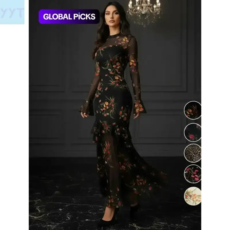 YYT1 Women's Floral-Print Fitted Cut Long Sleeve Dress - Elegant Vintage Gothic Aesthetic Flared Formal Dress for Party Holiday Guests, All-Season Womenswear, Long Sleeve Dresses
