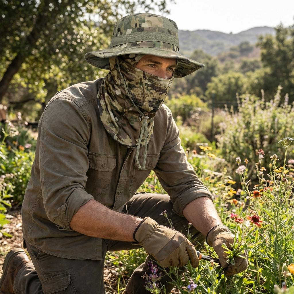 Camouflage Round-Edge Outdoor Bucket Hat Set, Detachable Neck Flap & Face Cover for Sun Protection, Breathable Mesh Vents for Hiking, Camping, Fishing, and Tactical Outdoor Activities