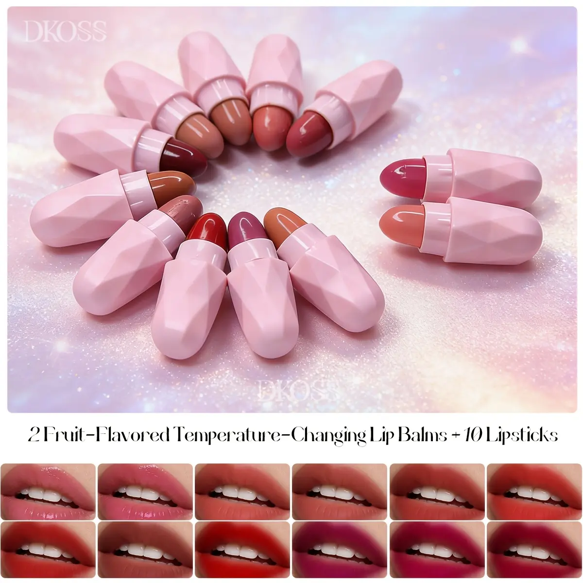 12-Shade Pink Diamond Mini Matte Lipstick Set, Pink-Packaged Lipsticks (Nude/Red/Brown/Pink), 24H Waterproof Smudge-Proof, Compact Lipstick Kit for On-The-Go Touch-Ups
