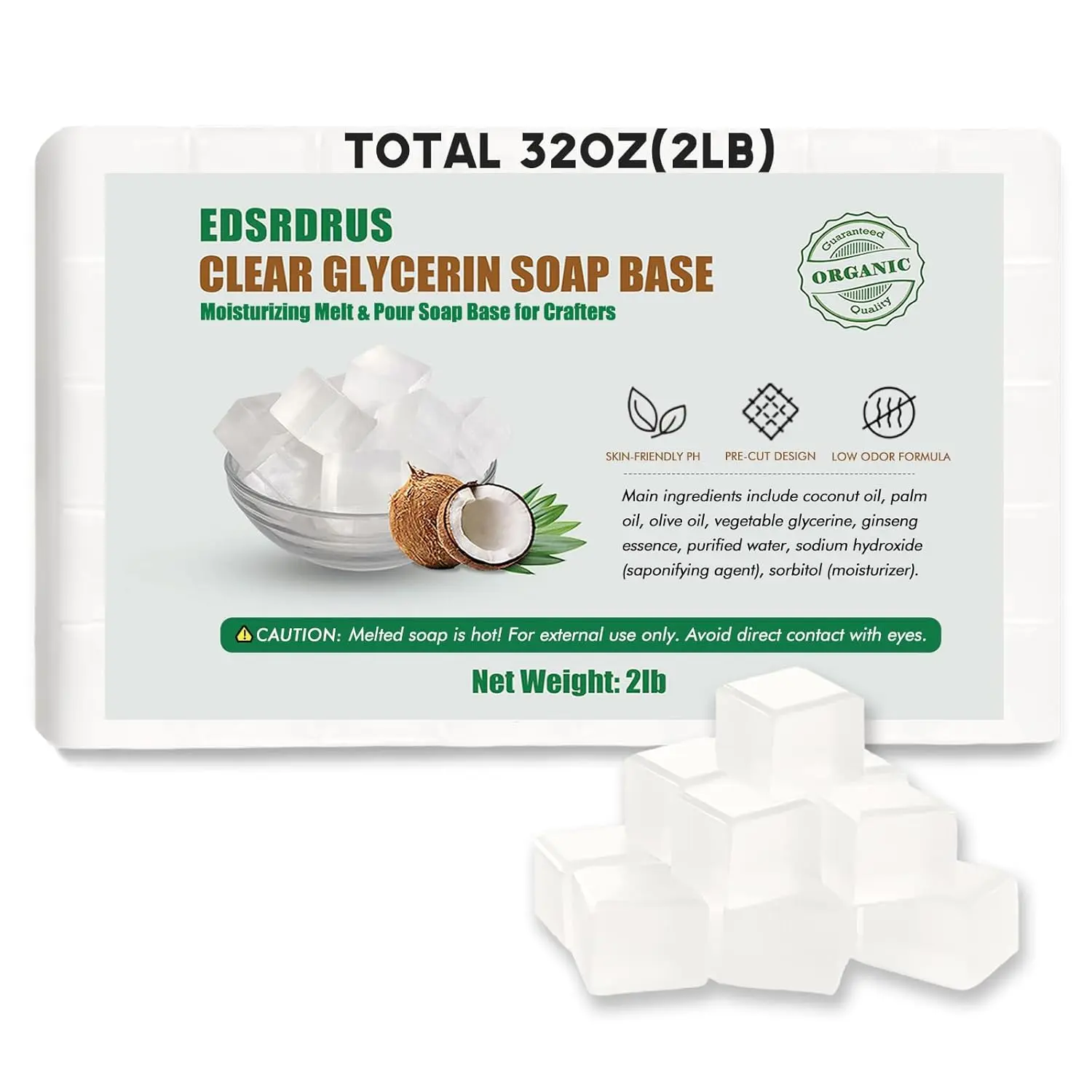 EDSRDRUS 2LB Unscented Glycerin Soap Base DIY Handmade Soap Moisturizing Melt and Pour Soap Base for Crafting, Vegetable Glycerin & Coconut Oil, Easy to Cut (Transparent, 2LB)