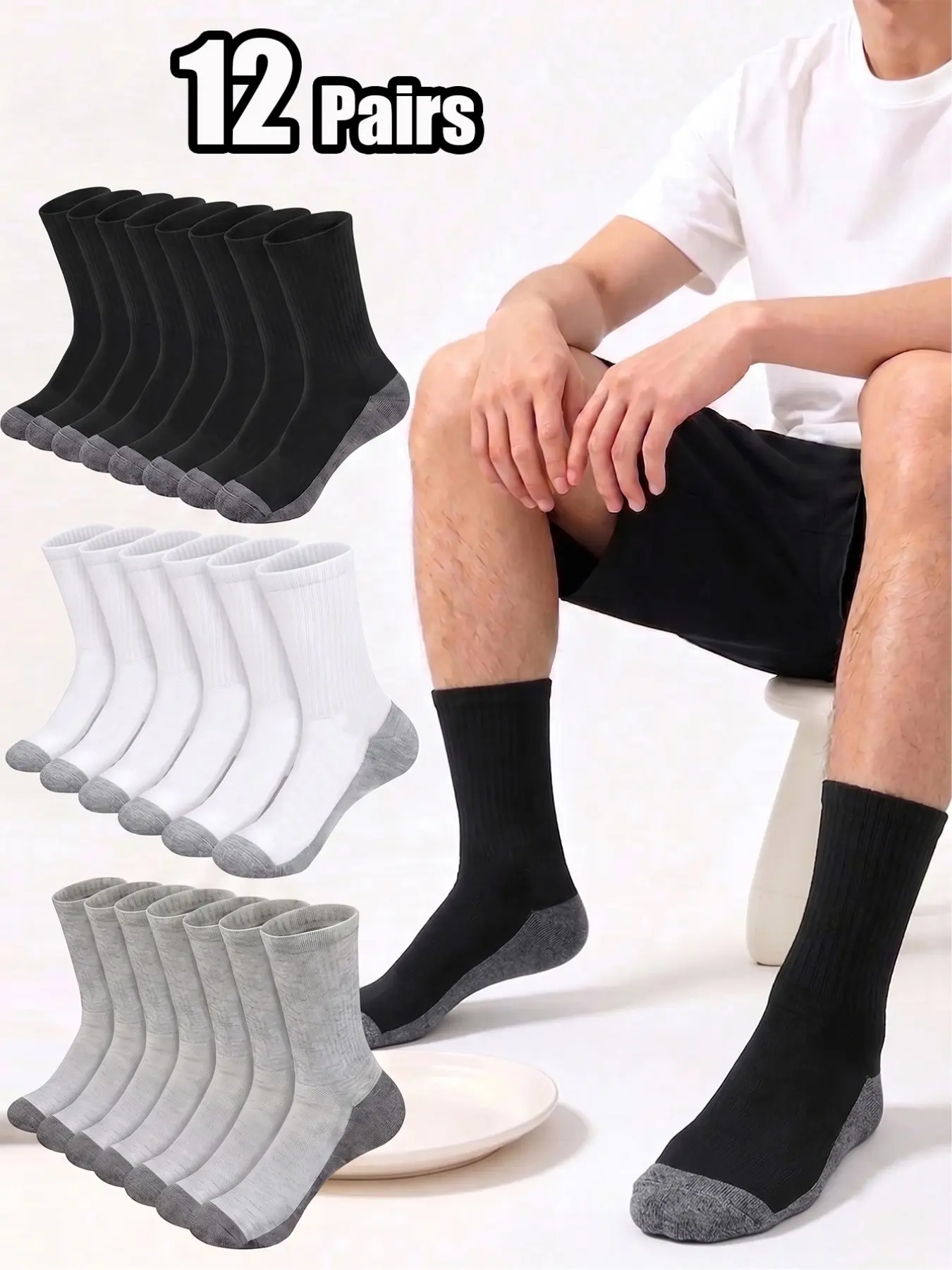12 Pairs Men's/women's Crew Socks, Comfortable Sporty Design, Reinforced Heel & Toe, Breathable Blend, All-Season Wear, Plain Pattern