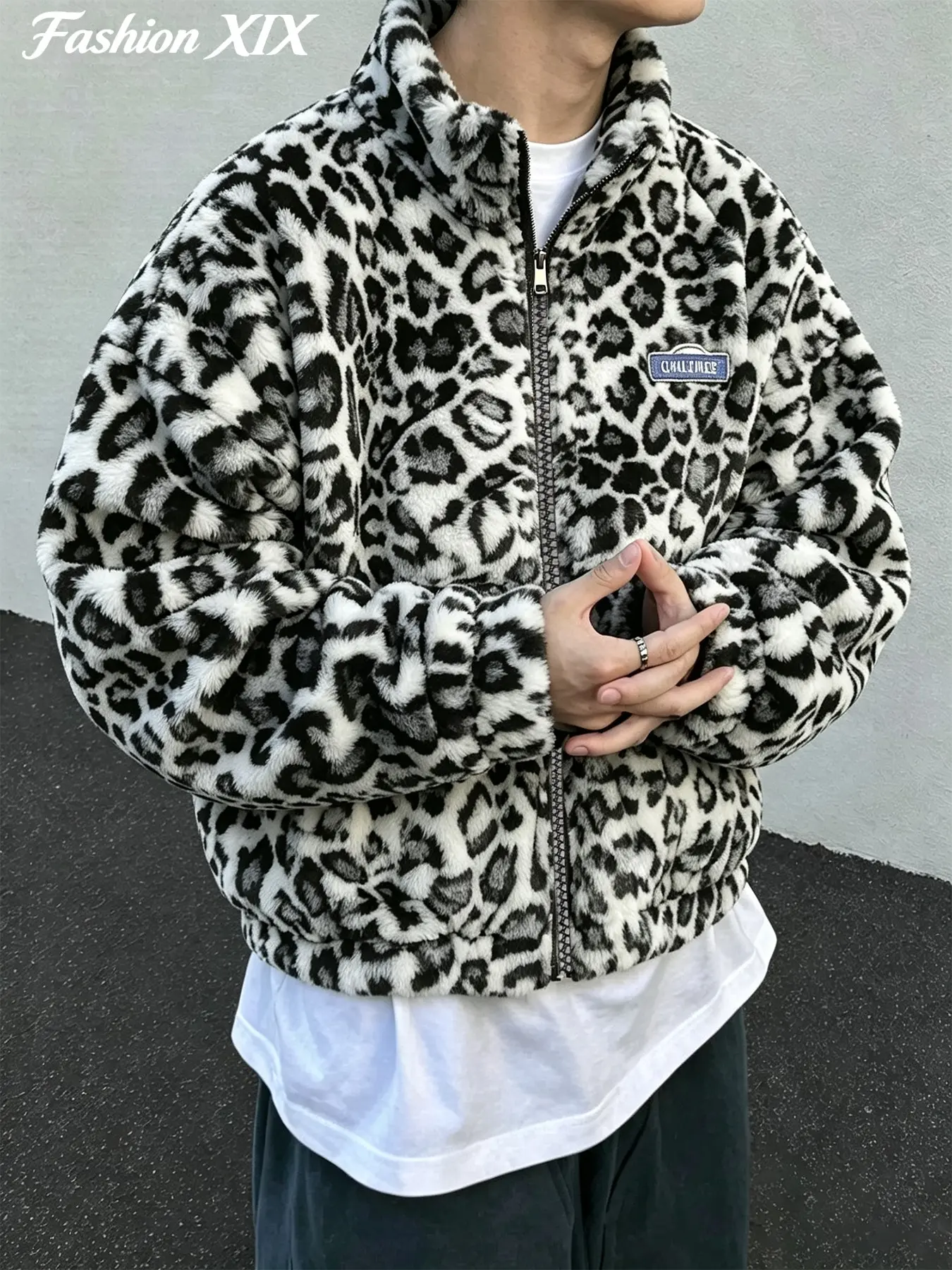 Unisex Oversized Fluffy Leopard Print Stand Collar Zip Up Fleece Jacket Warm Thick Streetwear Coat Rare Aesthetic For Autumn Winter Daily Casual Outdoor Outfits