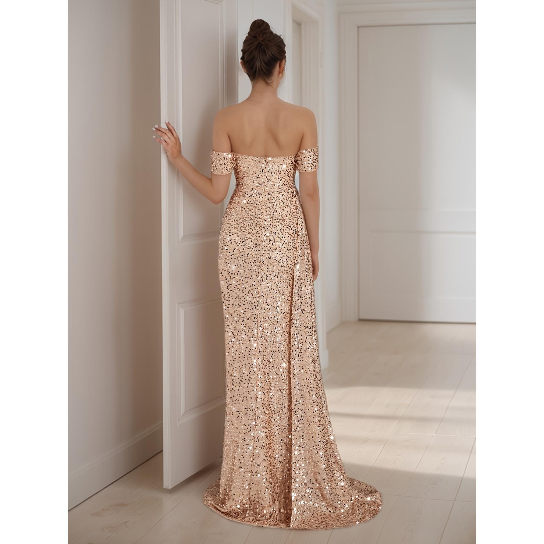 Women's Formal Sequin Off-Shoulder Sleeveless Backless Ruched Bodycon Mini Evening Dress with Thigh Split, Polyester Glitter Bodycon Dress for Lady, Party, Formal Wear,summervibes