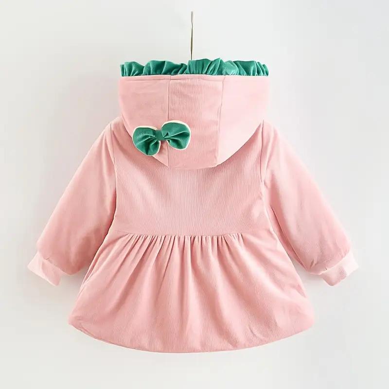 ' Winter Hooded Jacket - Long Sleeve Non-Stretch Coat with Front Bow Accent, Easy Button Closure, Hand Washable Outerwear, (Red/other Solid Color Available) - Perfect Christmas Outfit