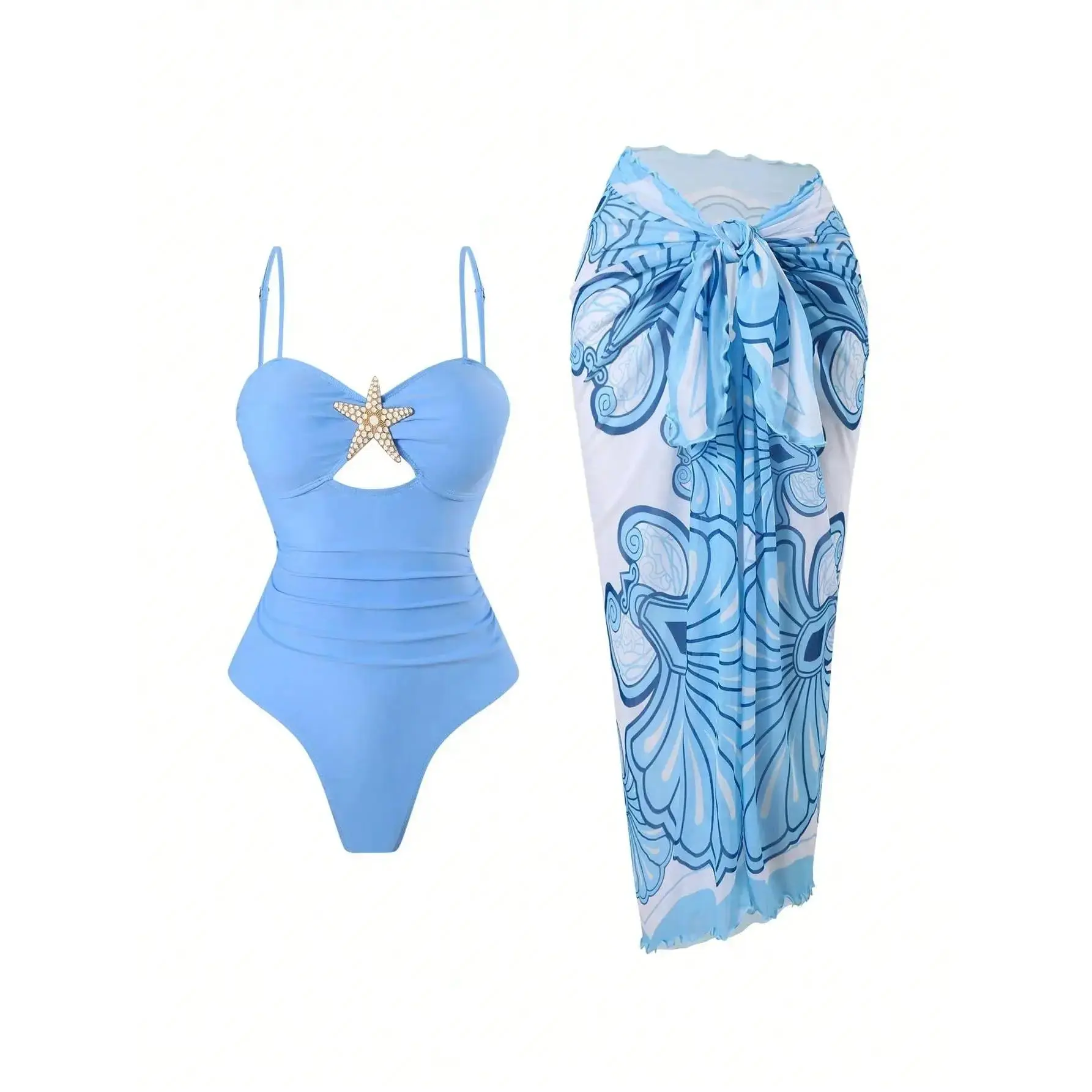 Nautical-Inspired Separated Swimsuit and Sarong Set Form-fitting blue swimsuit with starfish detail, paired with a lightweight, tie-front printed sarong for beach styling Summer Vibes