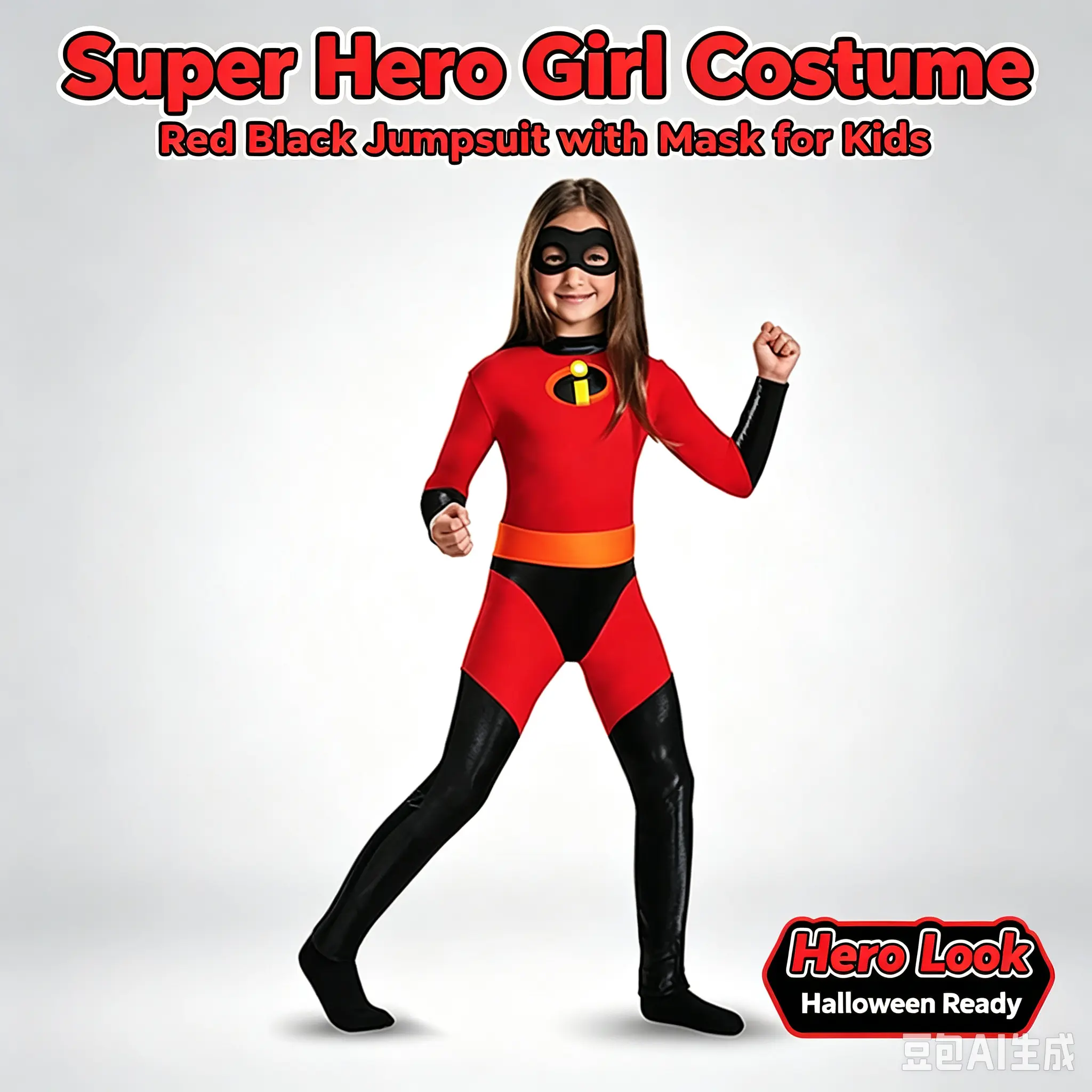 Super Hero Girl Costume | Red Black Jumpsuit with Mask for Kids, Halloween, Birthday Parties & Stage PerformancesThis red and black super hero girl costume is designed to make dress-up feel bold and fun. It features a form-fitting jumpsuit with red front