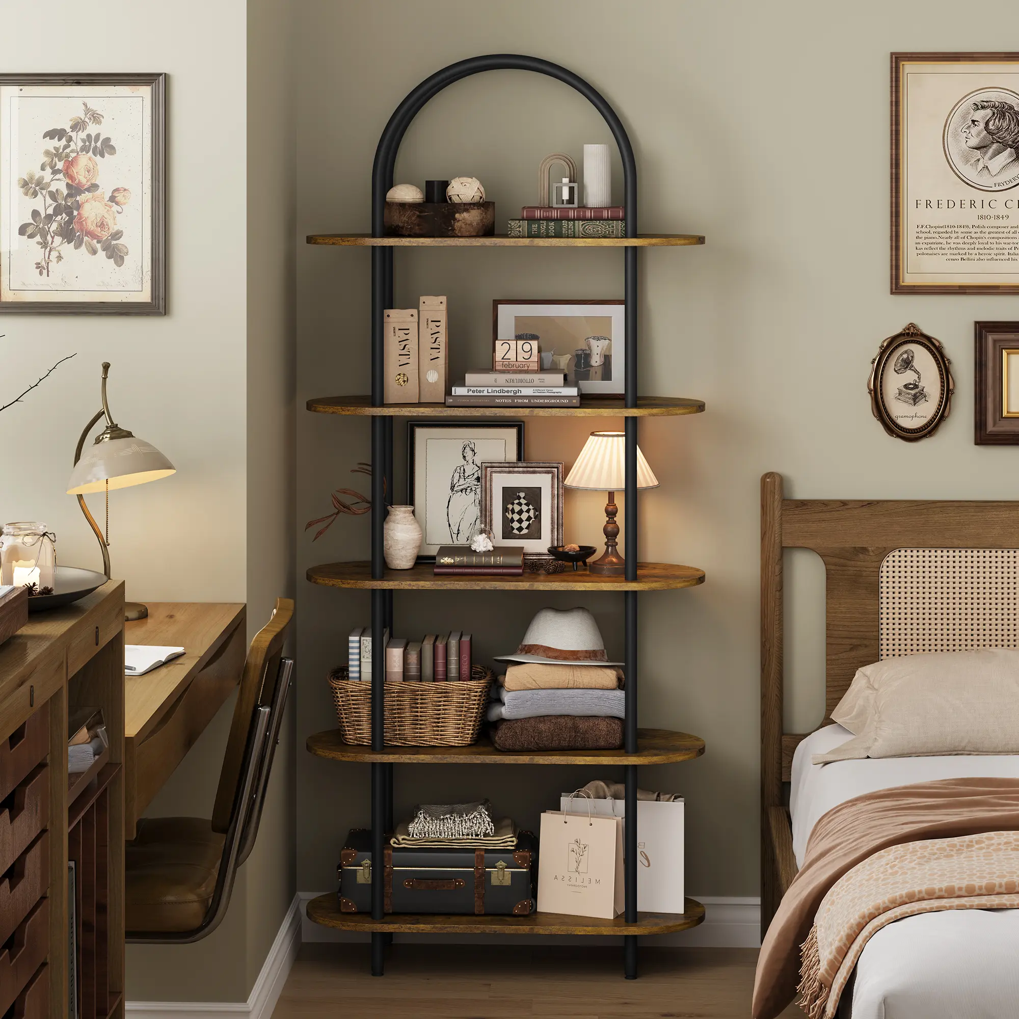 Modern Industrial 71" Arched 5-Tier Bookcase - Freestanding Open Bookshelf with Sturdy Metal Frame - Versatile Display & Storage for Living Room, Bedroom, Home Office, Bathroom