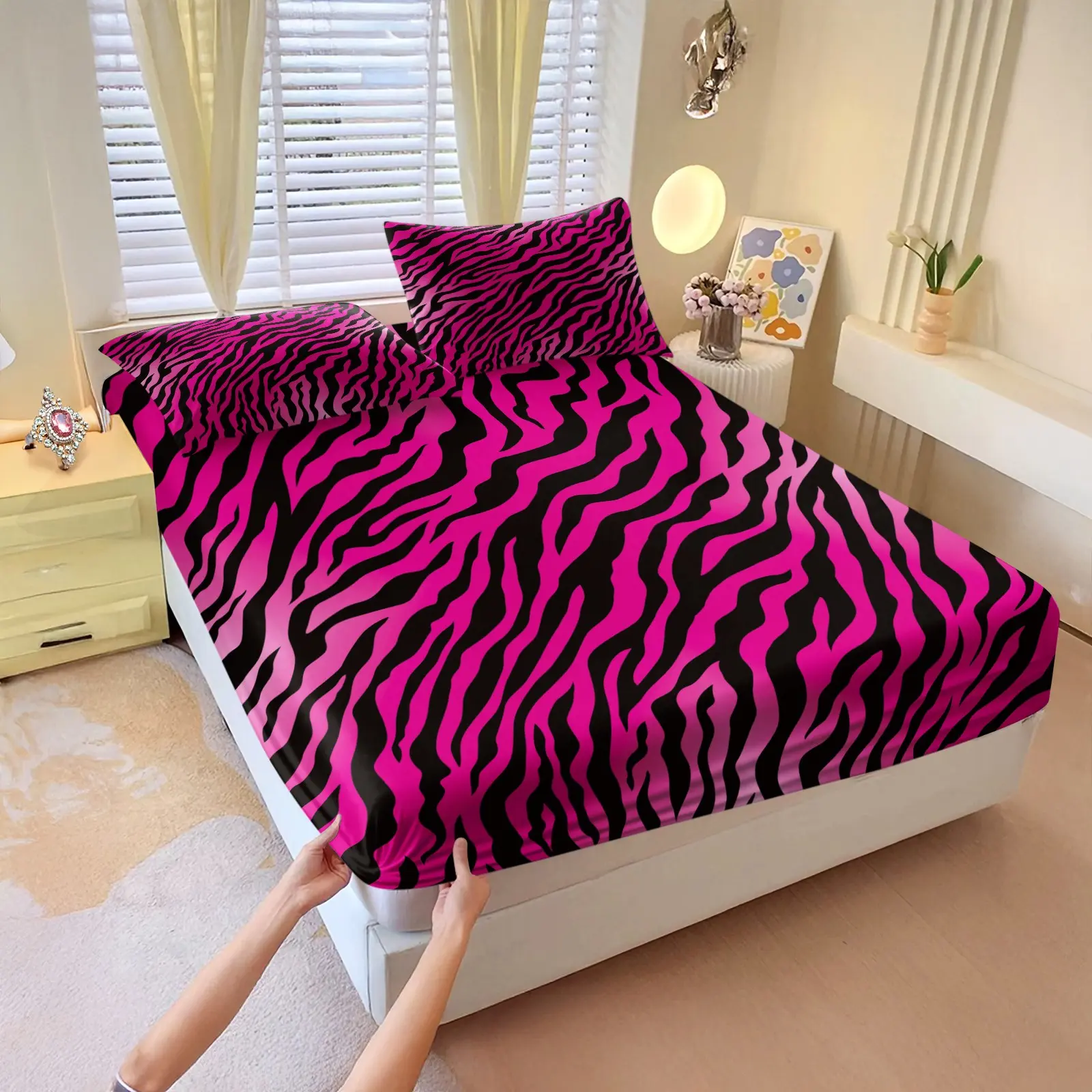 Y2K Hot Pink Zebra Stripe Fitted Sheet Set, Bold Animal Print Bed Sheets Set, 1 Fitted Sheet & 2 Pillowcase No Filling, Soft Microfiber Deep Pocket Design, Gift for Teens Adults Bedroom Decor, All Season, Striped Fitted Sheet