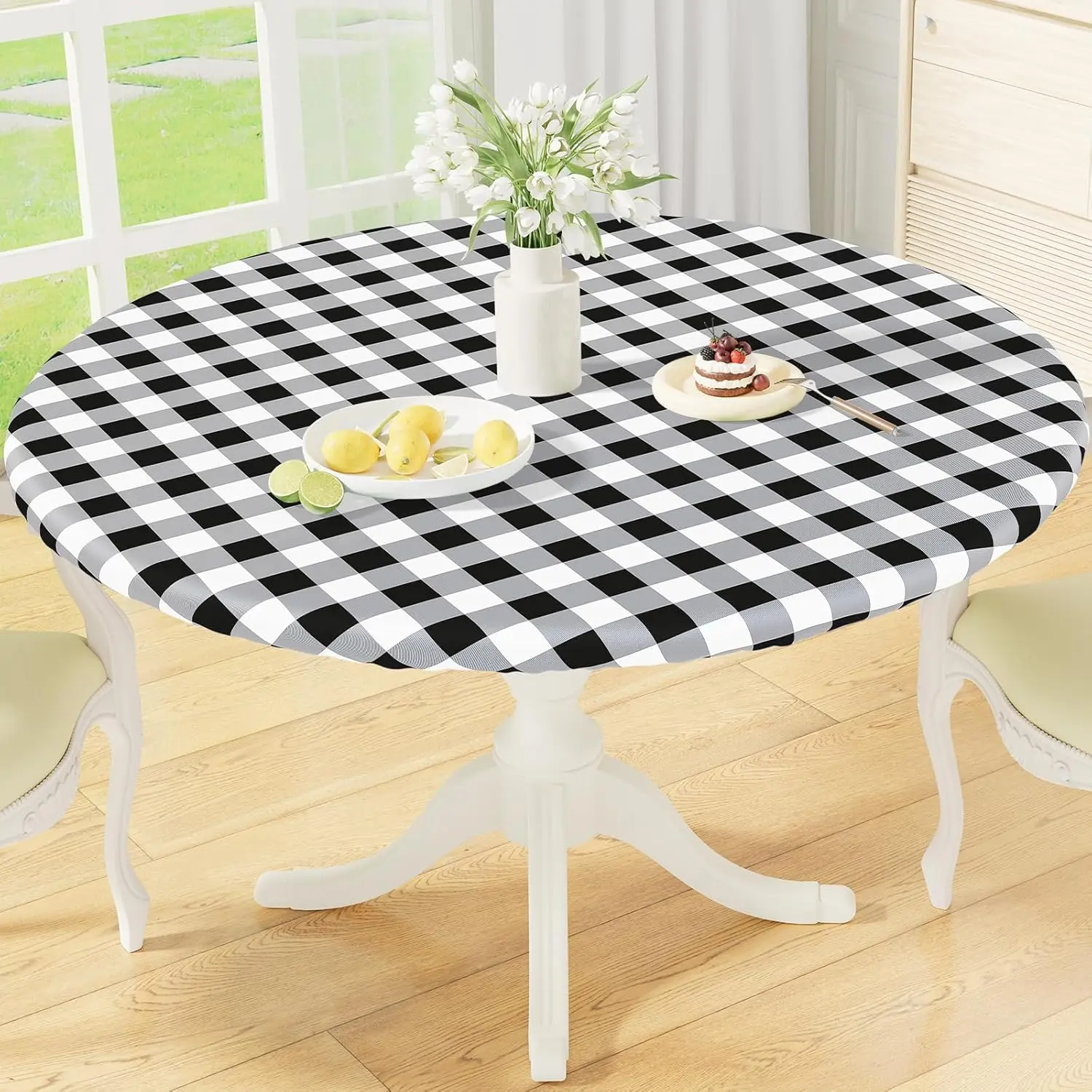 Round Fitted Tablecloth with Elastic Edge, Buffalo Plaid Waterproof Vinyl Flannel Backed Table Cloth Cover Fits 45"-56" Round Tables for Dinner, Outdoor, Picnic, Black White Check