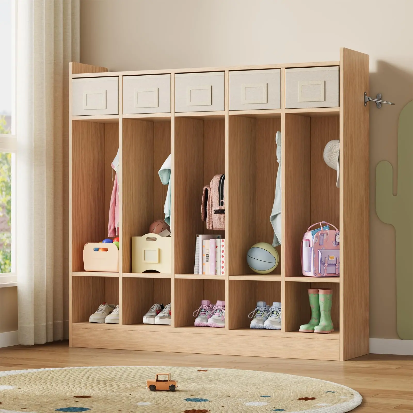 5-Section Classroom Coat Locker with 10 Cubbies, School Storage Organizer with Hooks & 5 Boxes, Wall-Safe MDF Cabinet for Daycare & Nursery