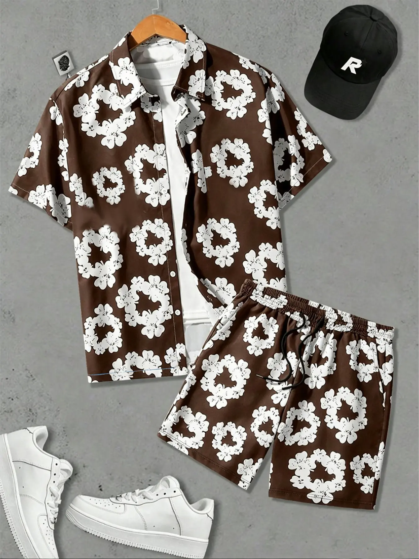 Summer Floral Print 2 Piece Outfit Vintage Hawaiian Shirt Elastic Drawstring Waist Shorts Brown White Flower Pattern Loose Fit Casual Streetwear For Vacation Mode Beach Walk Dating Outdoor Shoot All Season Daily Wear