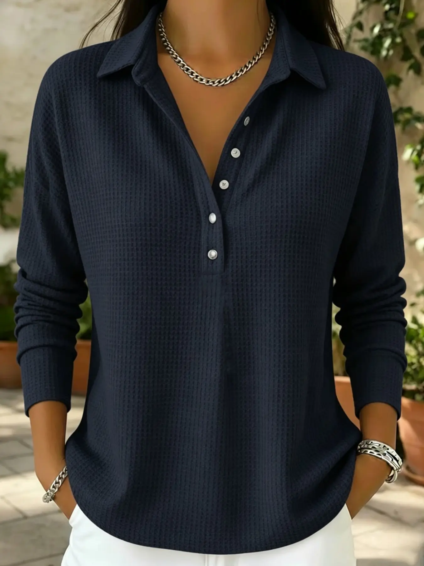 European and American Fashion Casual New Waffle Loose Turn-Down Collar Long Sleeve Solid Button Shirt, Stylish and Comfortable Design