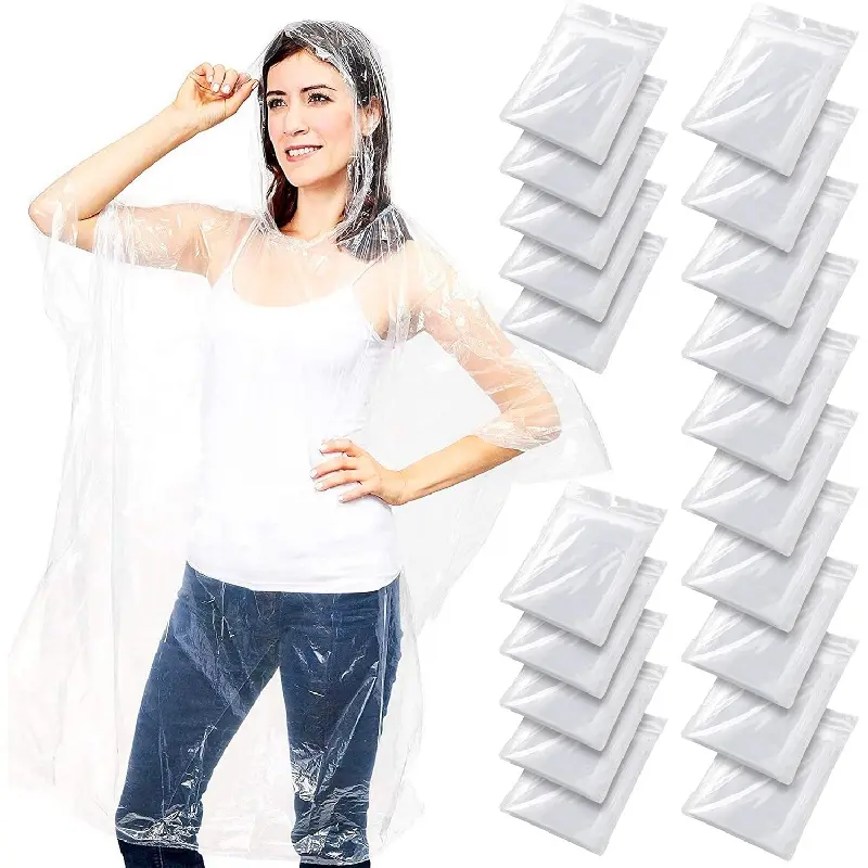 20 Pack Clear Disposable Rain Ponchos for Adults, One Size Hooded Plastic Emergency Rain Gear, Bulk Portable Rain Ponchos for Festivals Camping Travel Outdoor Sports