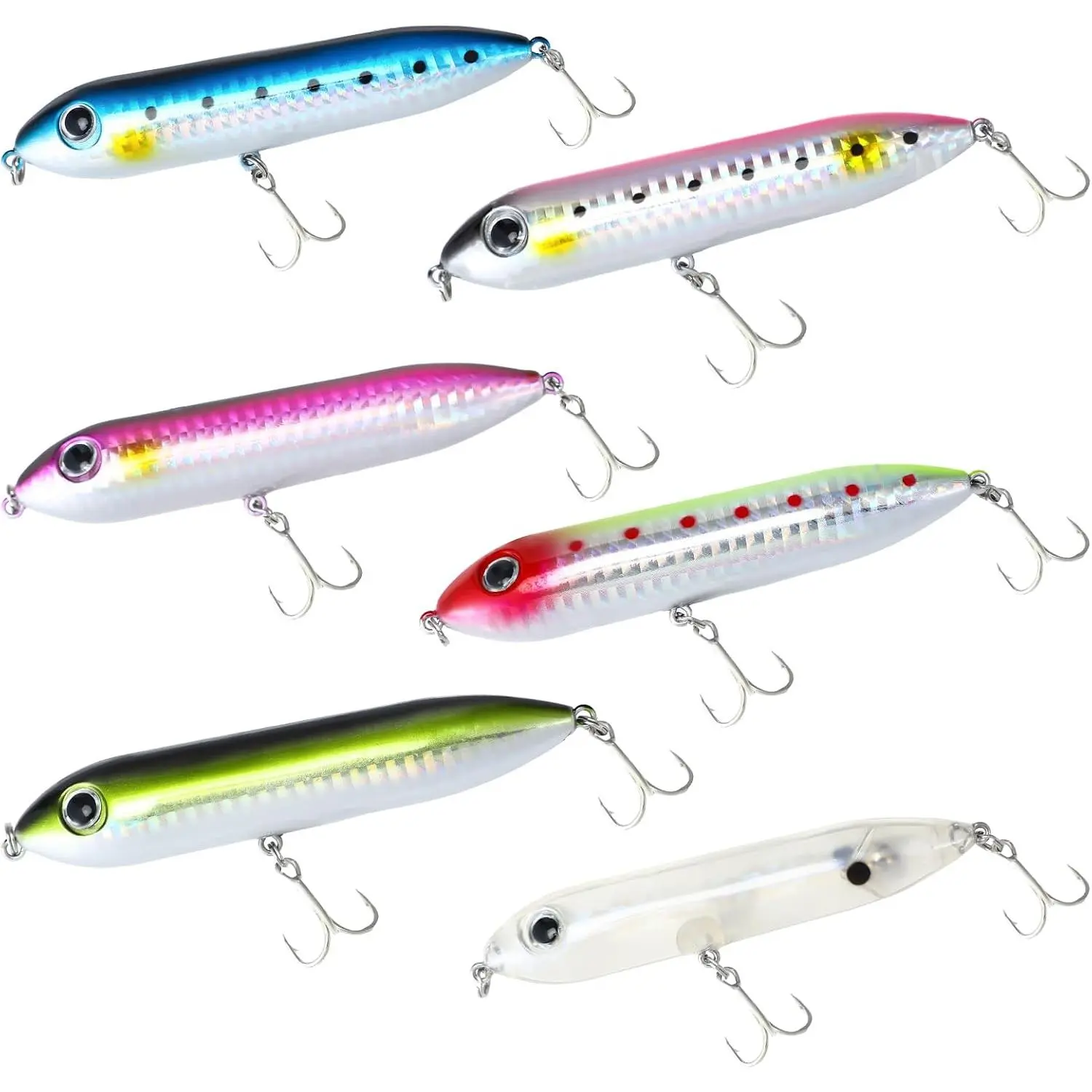 6 count Topwater Fishing Lure, Top Water Lures for Saltwater and Freshwater, Rattling Line Float Lure, Pencil-Shaped Lures Simulated Fishing Hooks 0.46 oz, for Catfish Bass, Mullet