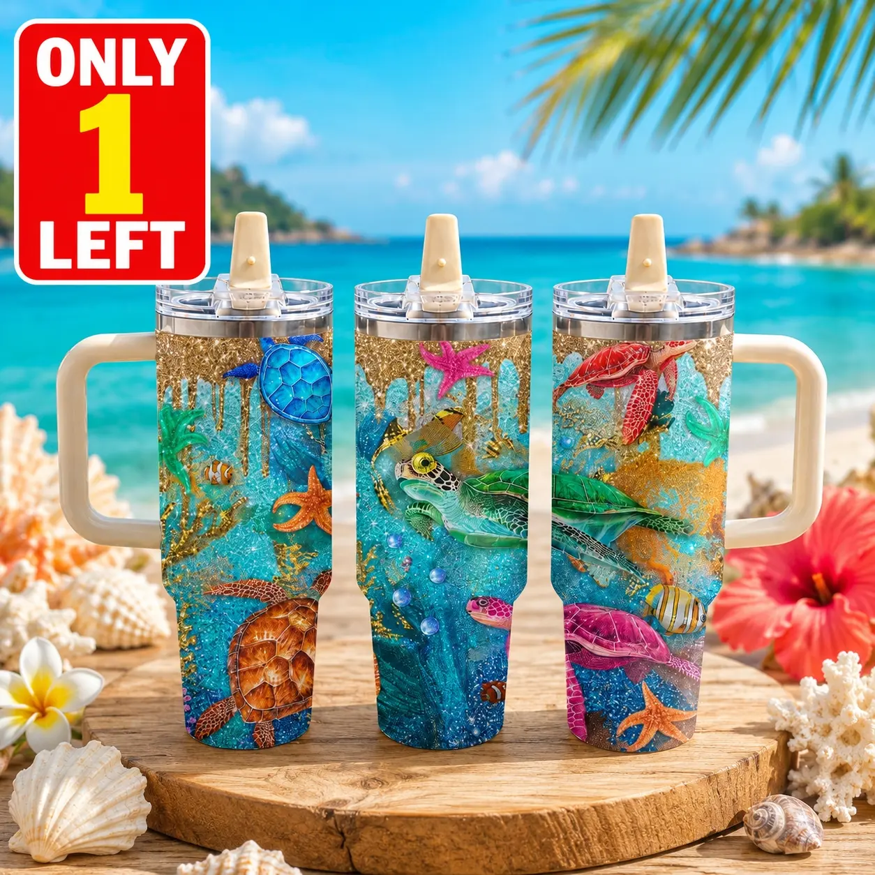 Retro Marine Turtle 40oz Tumbler with Handle & Straw Lid | Vintage Ocean Sea Turtle Glitter Design Stainless Steel Vacuum Insulated Leakproof Travel Mug | Car Cup Holder Friendly Iced Coffee Cup for Gym, Office, Travel & Gift