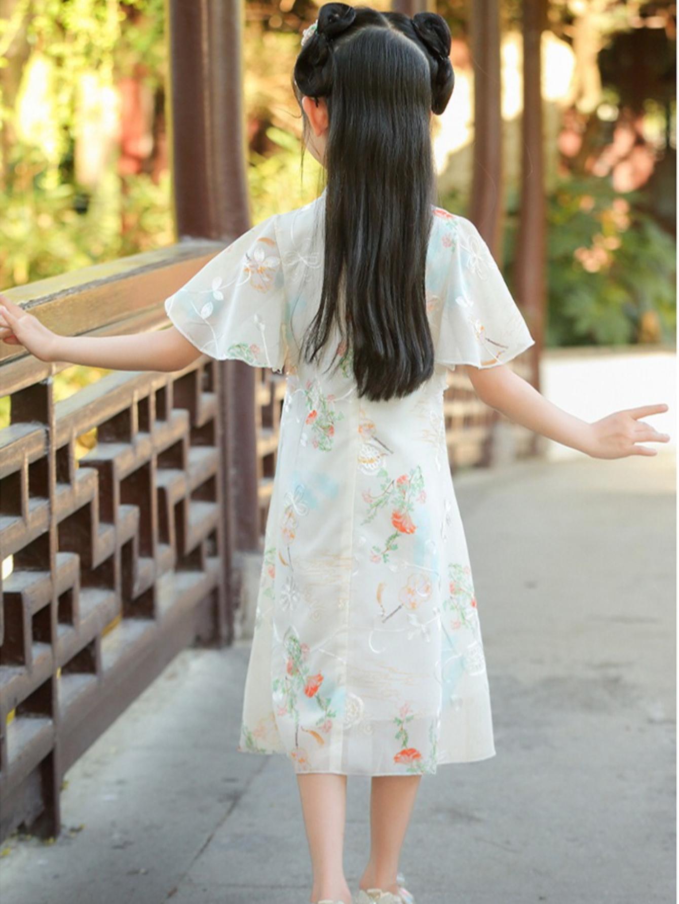 NewGirls' Chinese Style Cheongsam Chiffon Dress Summer Hanfu Light Comfortable Fashion Casual Princess Dress for Outdoor Activities Gifts Party