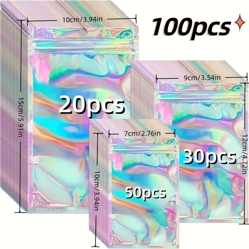 100Pcs Assorted Sizes Holographic Rainbow Resealable Zipper Bags Half Clear Aluminum Foil Plastic Organizer Pouches Reusable Odor Proof Storage Bags For Jewelry Nail Charms Phone Case Candy Holiday Gift Packaging DIY Craft Supplies