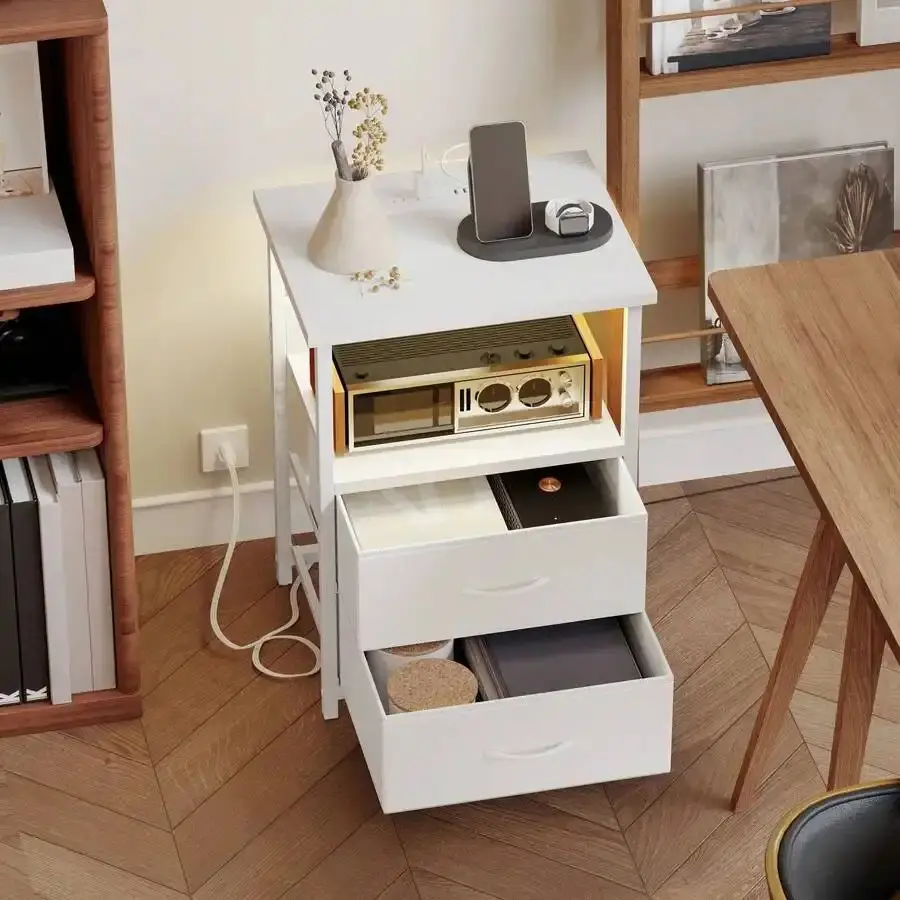 Black/White Marble Rectangular Indoor Side Table - LED Nightstand with Charging Station, USB Outlets, Wall Plug, 2 PU-Finished Fabric Storage Drawers, Easy-Setup Indoor Furniture