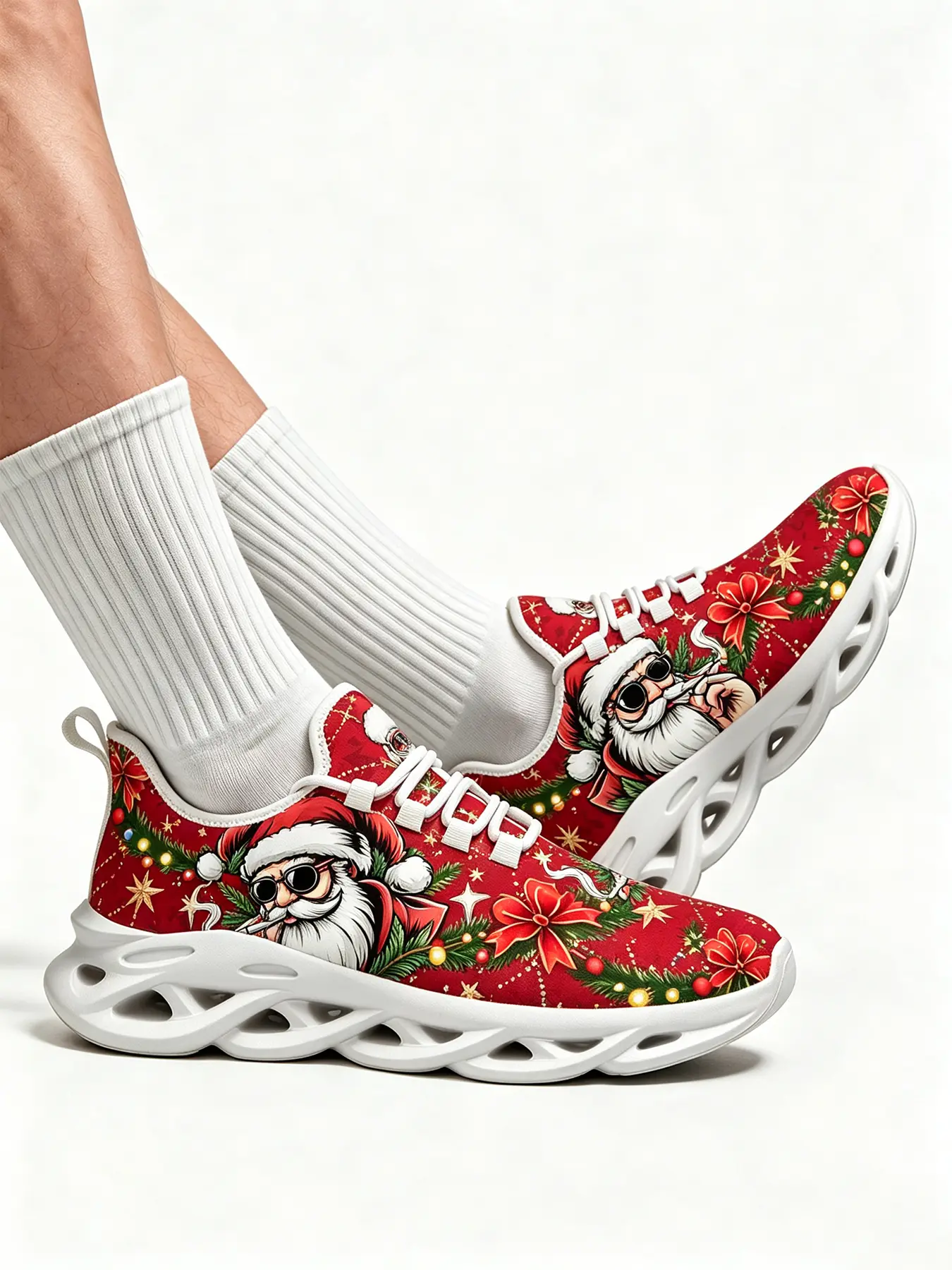 Holiday Christmas Santa Claus Print Casual Sports Shoes Xmas Season Bow Pine Branch Light Ornament Design Mesh Breathable Sneakers Non Slip Comfort Hollow Cushion Footwear for Men Women Travel Walking Party Activity