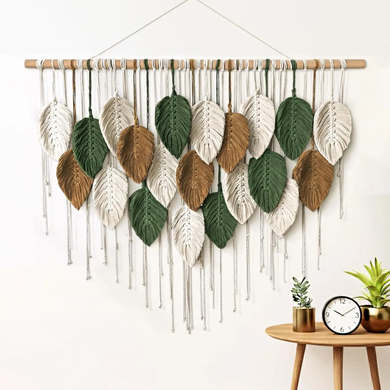 KORSIV Large Hangable Corded Organic Macrame Wall Hanging - Handmade Leaf Feather Tapestry, Green Wall Decor Hook-Included Home Decor Inspo for Living Room, Bedroom