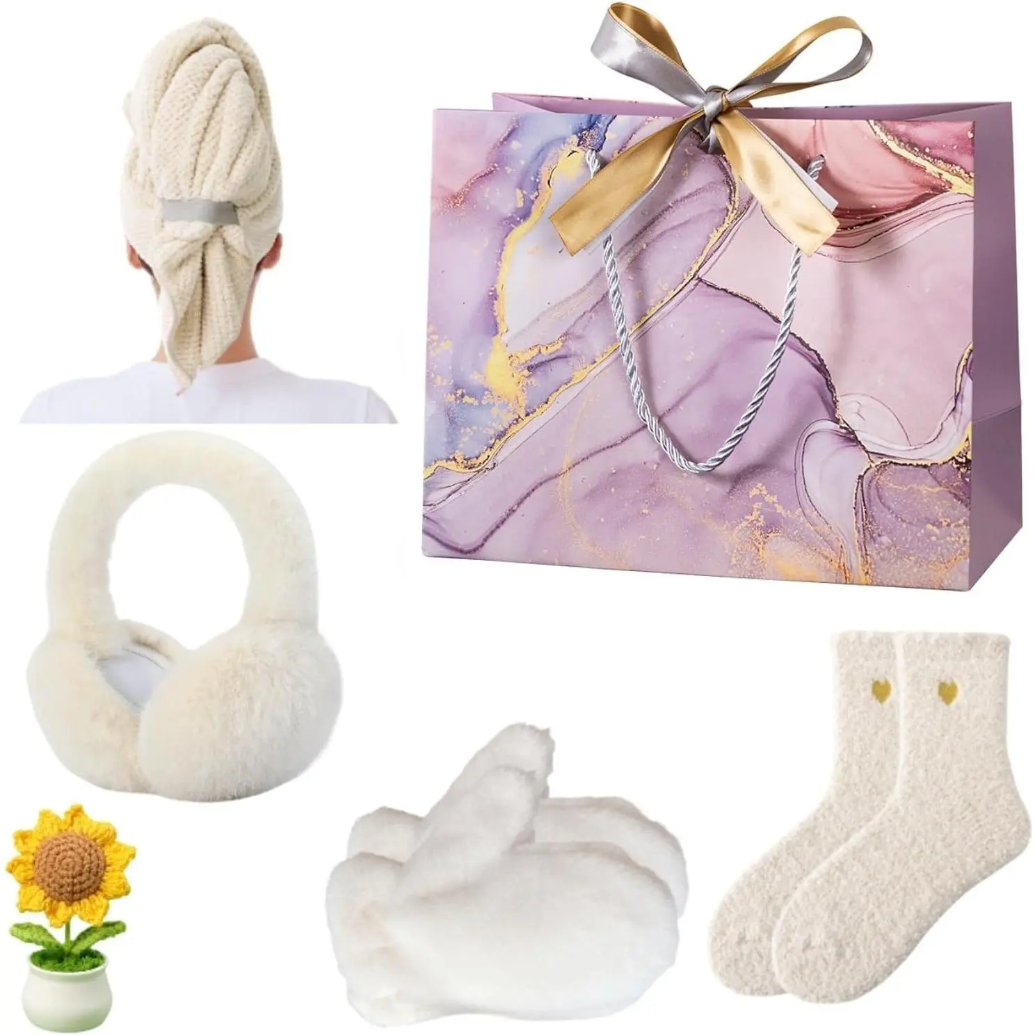 Winter Gift Set Fleece Mittens, Ear Muffs, Plush Socks, Hair Turban & Sunflower Plush for Girlfriend