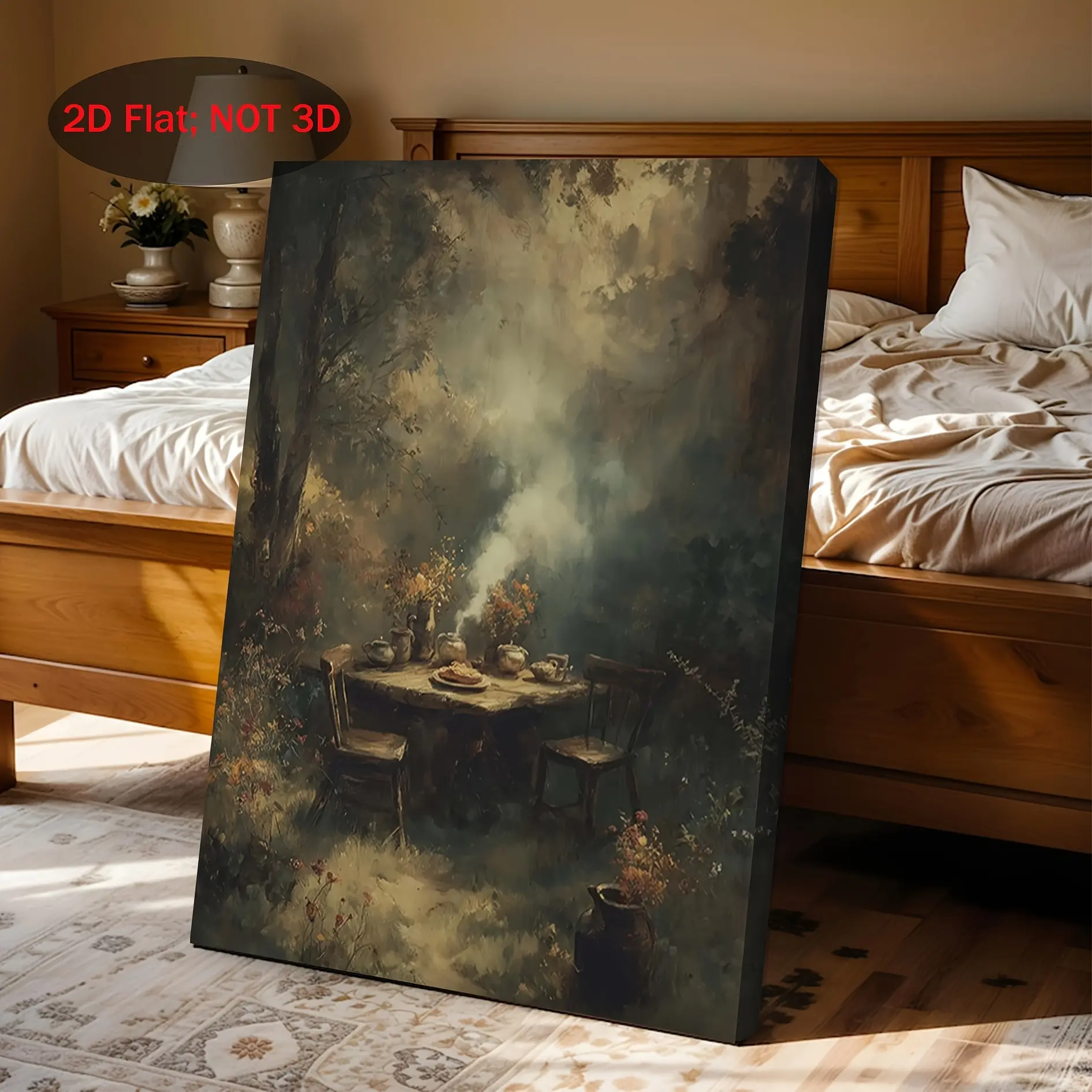 2D flat painting, 2D flat painting, 1 piece of 2D wooden framed canvas art, depicting a misty dark forest with an abandoned table, perfect for gothic autumn-themed wall decoration. This ghostly aesthetic is very suitable for cottage and forest styles