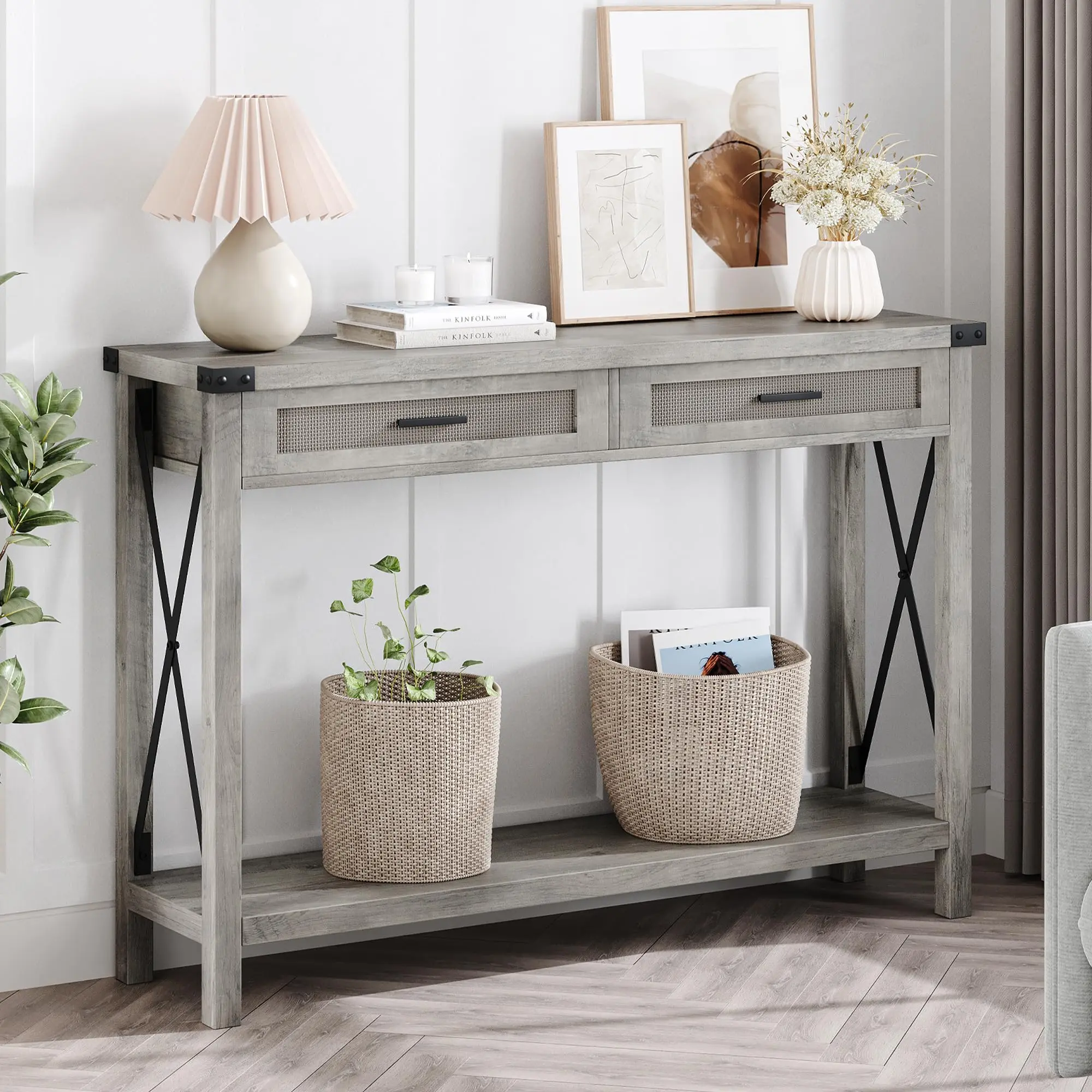 🪨 Grey Farmhouse Console Table with Rattan Drawers – 43" Narrow Entryway Table with Storage, Perfect for Living Room, Hallway & Foyer! ✨,dorm essentials,home decor