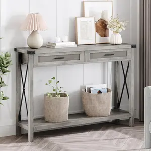 🪨 Grey Farmhouse Console Table with Rattan Drawers – 43" Narrow Entryway Table with Storage, Perfect for Living Room, Hallway & Foyer! ✨