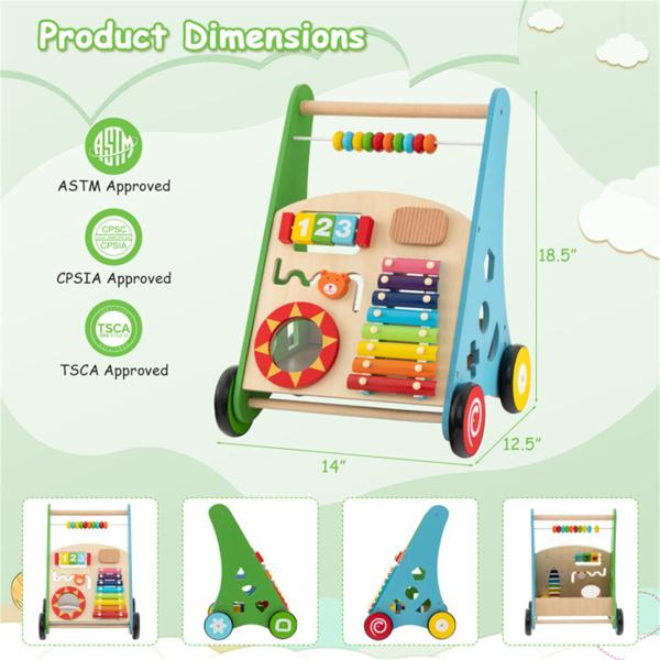 Multifunctional Wooden Baby Walker - 7+ Activity Center (Xylophone/Shape Sorter/Mirror), 3+ Years Old
