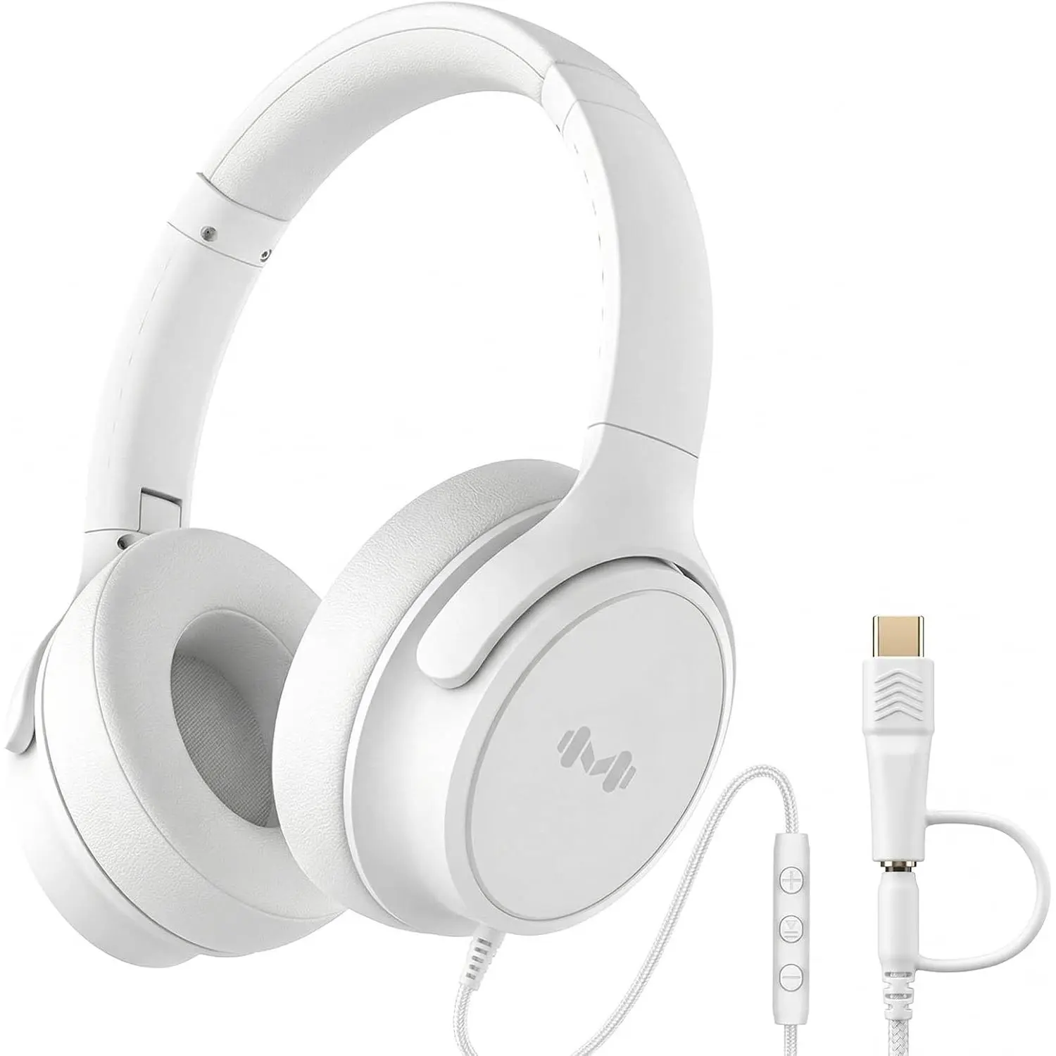 Over-Ear Wired Headphones with USB-C Adapter & 3.5mm Jack,  Comfort Wired Headset with Inline Microphone & Volume Control for Phone, Laptop, PC, Tablet(White)