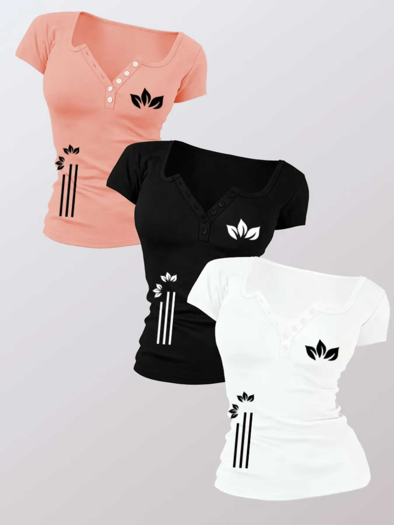 3-Pack Value Set, Fitted Geometric Pattern Women's Sexy Button Design T-Shirt, Non-V-Neck, Spring & Summer Wear