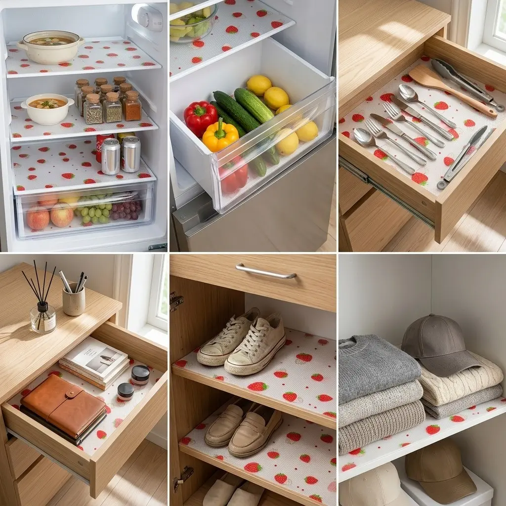 4pcs/8pcs Refrigerator Liners, Moisture-Resistant, Non-Slip, Washable, Reusable, Eva Material, Bright Strawberry Pattern, Kitchen Decor