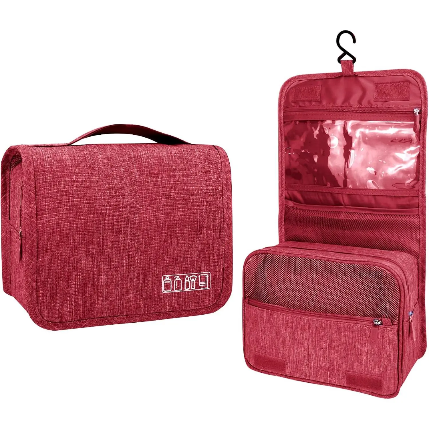 Large Capacity Toiletry Bag Travel Bag with Hanging Hook for Men and Women Waterproof Travel Cosmetic Bag Bathroom Storage Bag for Brushes Set, Full-Sized Shampoo, Toiletries, Wine Red