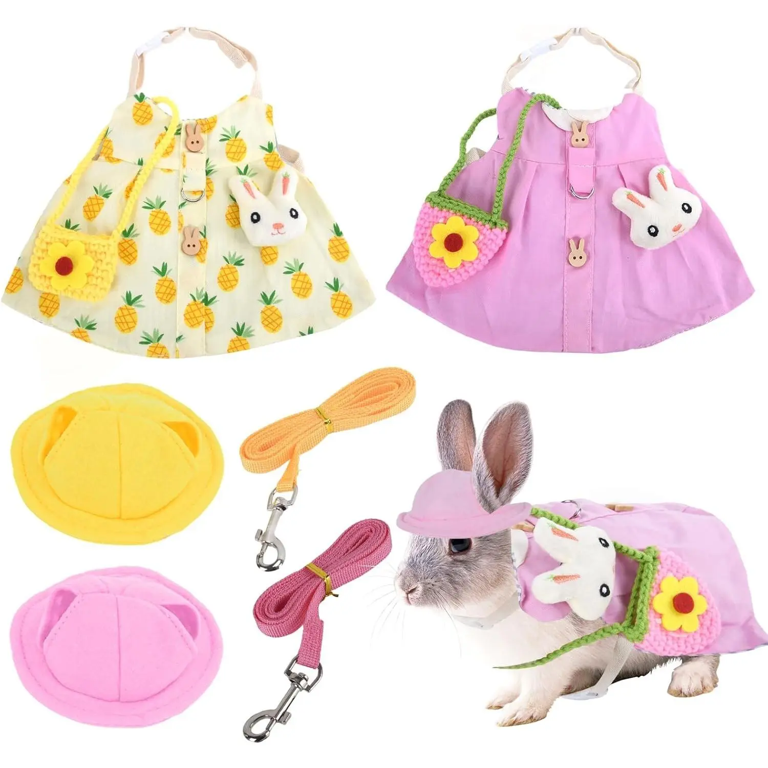 Bunny 2 Set Costume Adjustable Pet Clothes with Leash Hat Mini Bag and Sling Small Animal Accessories Suitable for Rabbits Ferrets and Squirrels