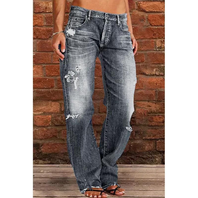 Women's Plus-Size Oversized Baggy Denim Pants - Mid-Rise, Ripped Straight-Leg, 90s Hippie Streetwear, Bleached, Knitting Detail, Button Closure, Pocket, Cold Wash, Casual Sports & Outdoor Bottoms, Plussize